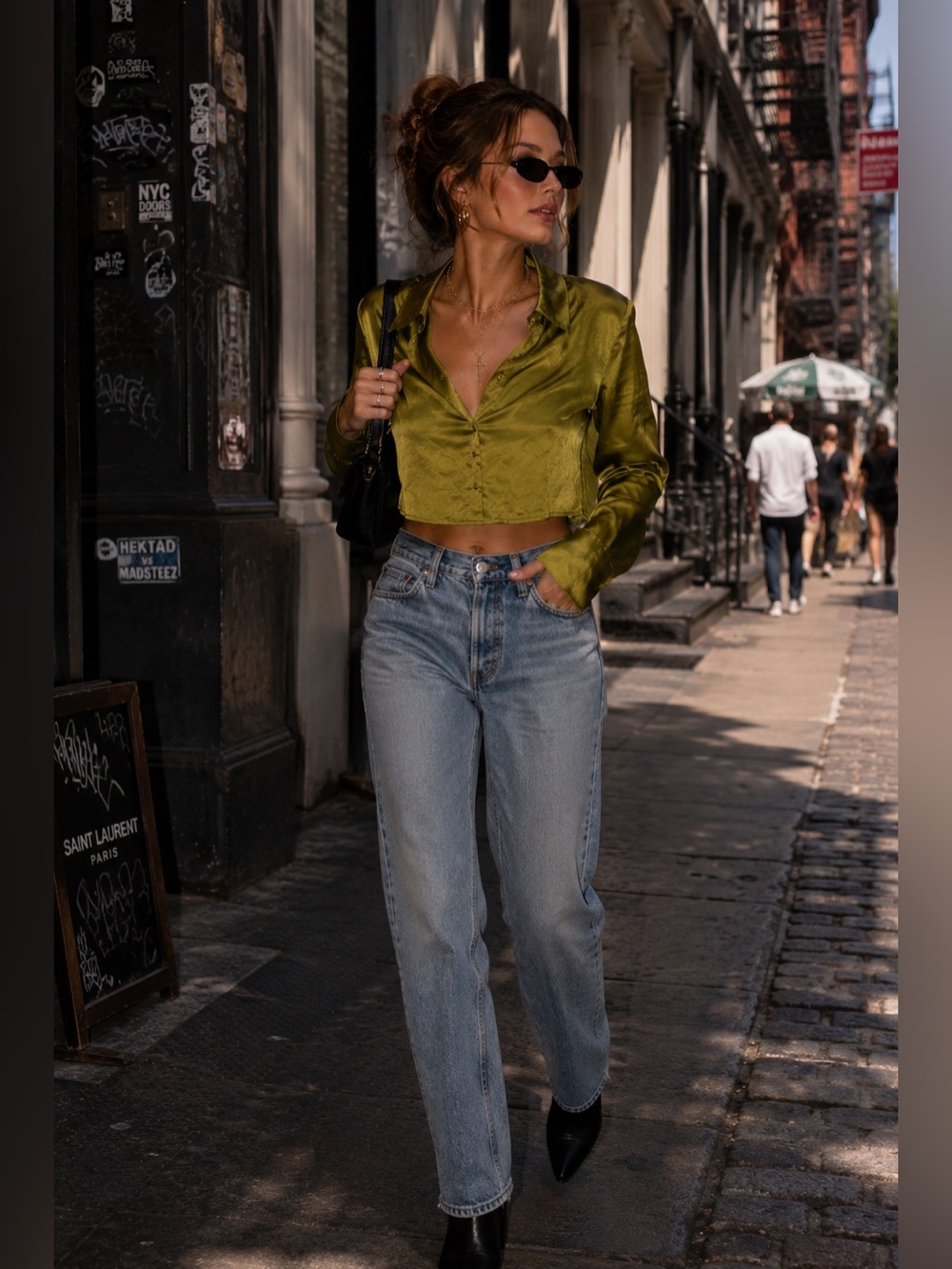 House of Harlow 1960 Cropped Satin Blouse Green Button Long Sleeve Medium N - Picture 3 of 11